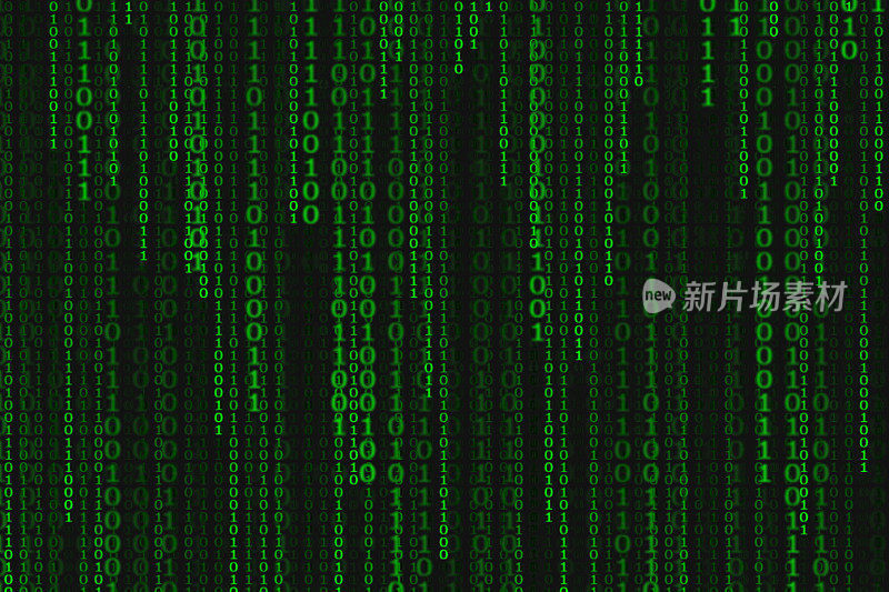 Binary code black and green background with digits on screen, Concept of digital age. Algorithm binary, data code, decryption and encoding, row matrix, illustration background.